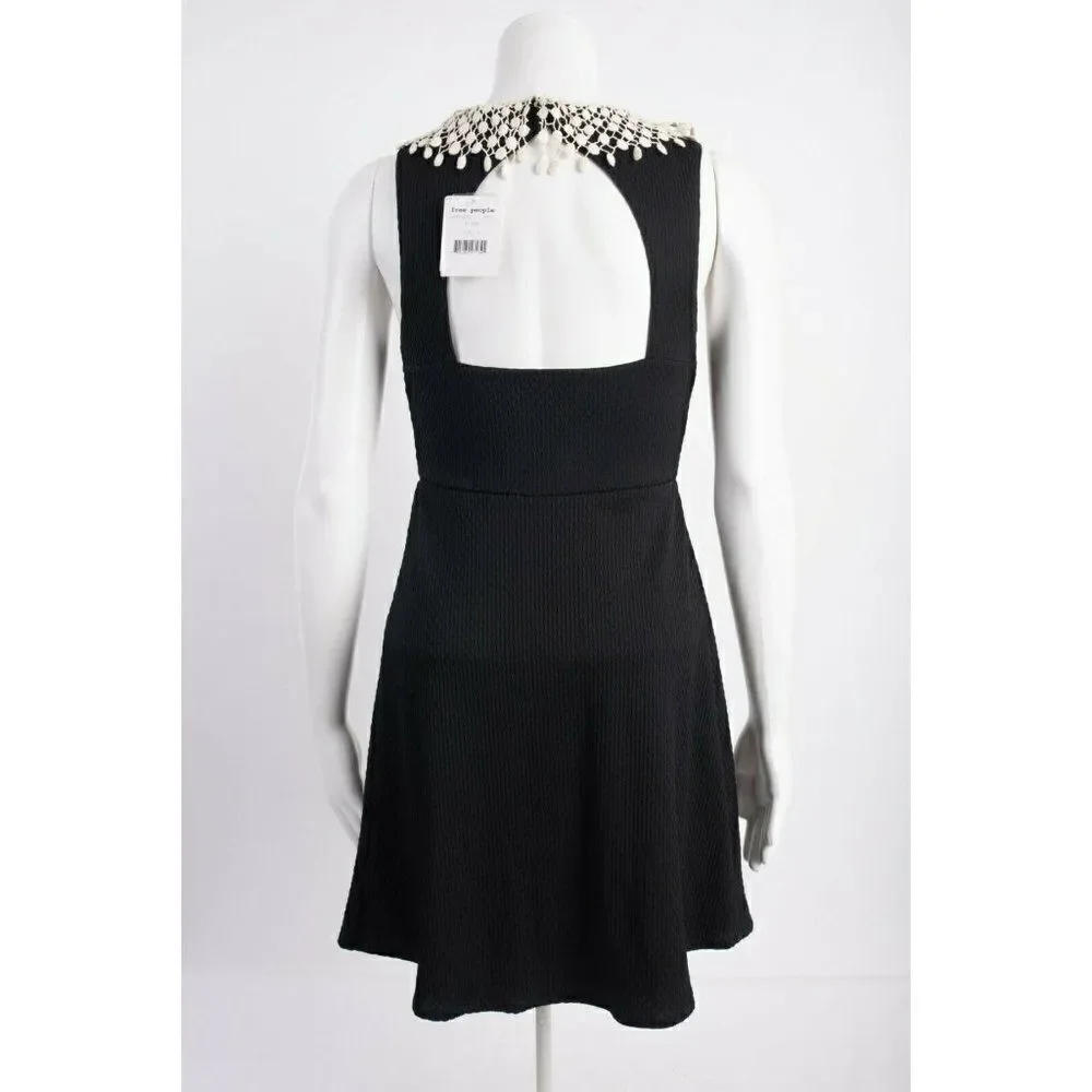 Free People Womens A-Line Dress S Black Waffle Knit White Fringe Sleeveless NWT